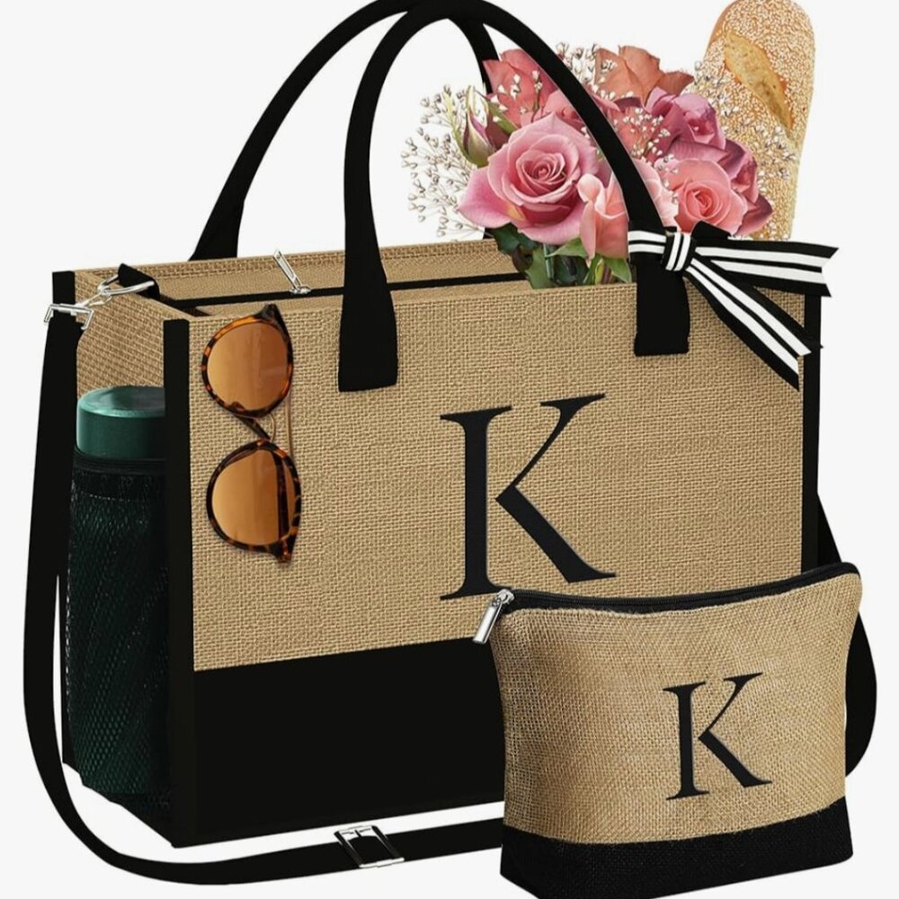 Luxury Gifts for Women - Handmade Initial Jute Tote Bag with Zipper